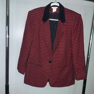 Sellecca vintage red black houndstooth blazer Sz 12 velvet collar single button